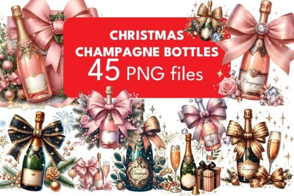 Christmas Champagne Bottles BUNDLE, PNG: Elevating Holiday Creative Projects