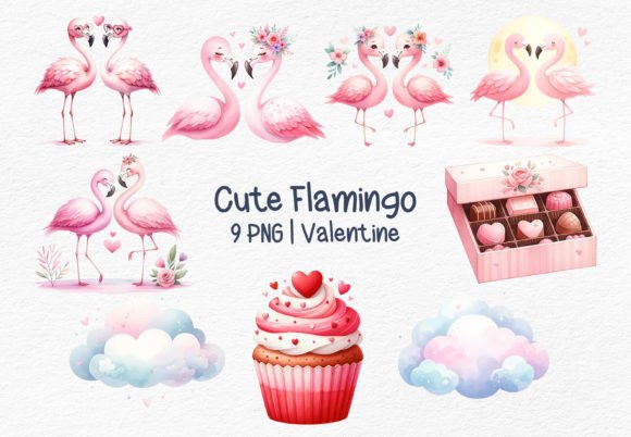 Flamingo Valentine Watercolor Clipart