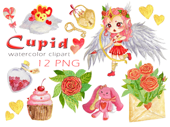 Valentine Cupid Clipart, Watercolor, Png