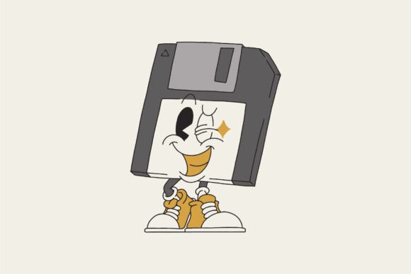 Winking Diskette Retro Cartoon Mascot